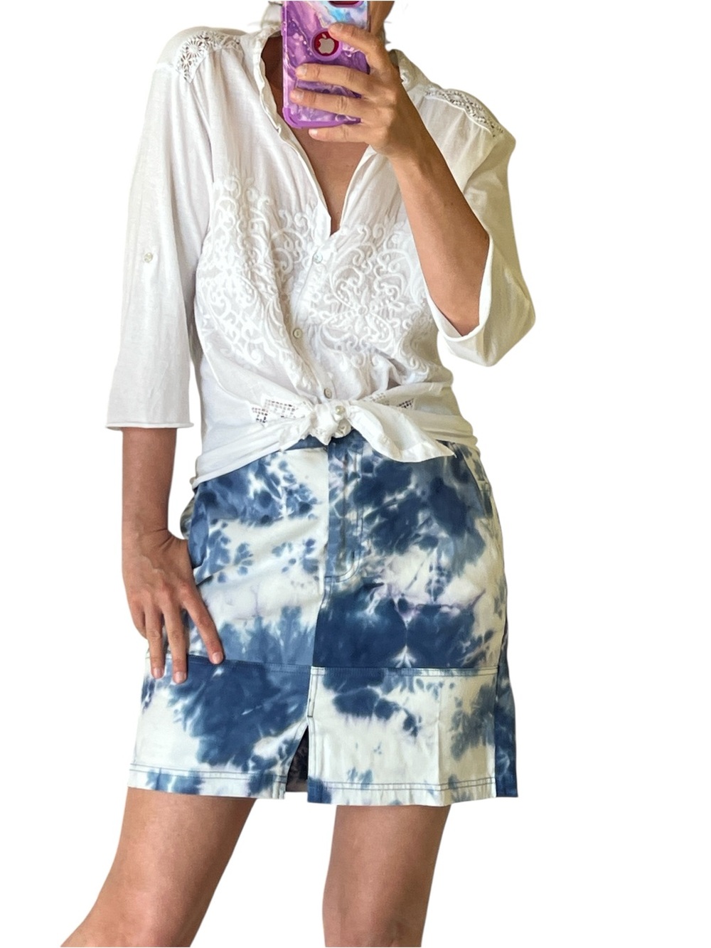 WildFang tie-dye essential work skirt, blue white, size Small